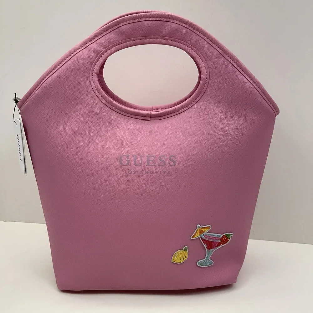 GUESS Insulated Lunch Tote Bag Top Handle Pink PVC Cooler School Travel Office